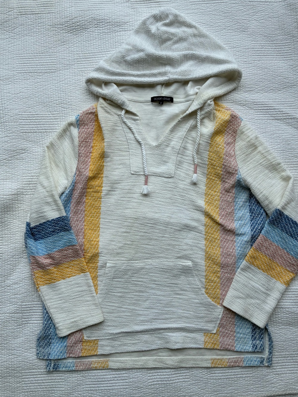 Ocean Drive Cream Hooded Pullover with Mustard, Blue & Dusty Rose Stripes